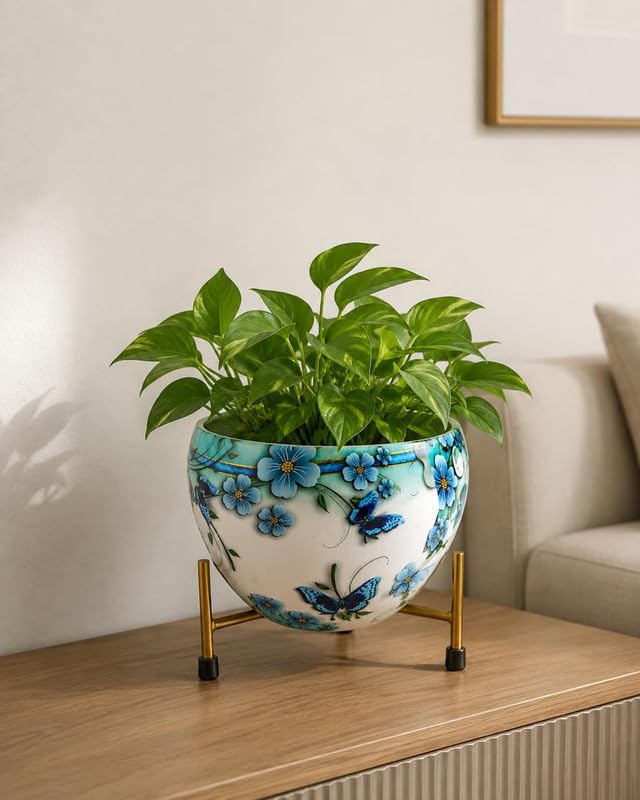 Image of Metal Flower Vase Planter with Iron Stand | Blue Floral & Butterfly Prints Decorative Indoor Plant Pot for Home Decor | Ideal for Succulents & Small Plants | 6x6x6 Inches
