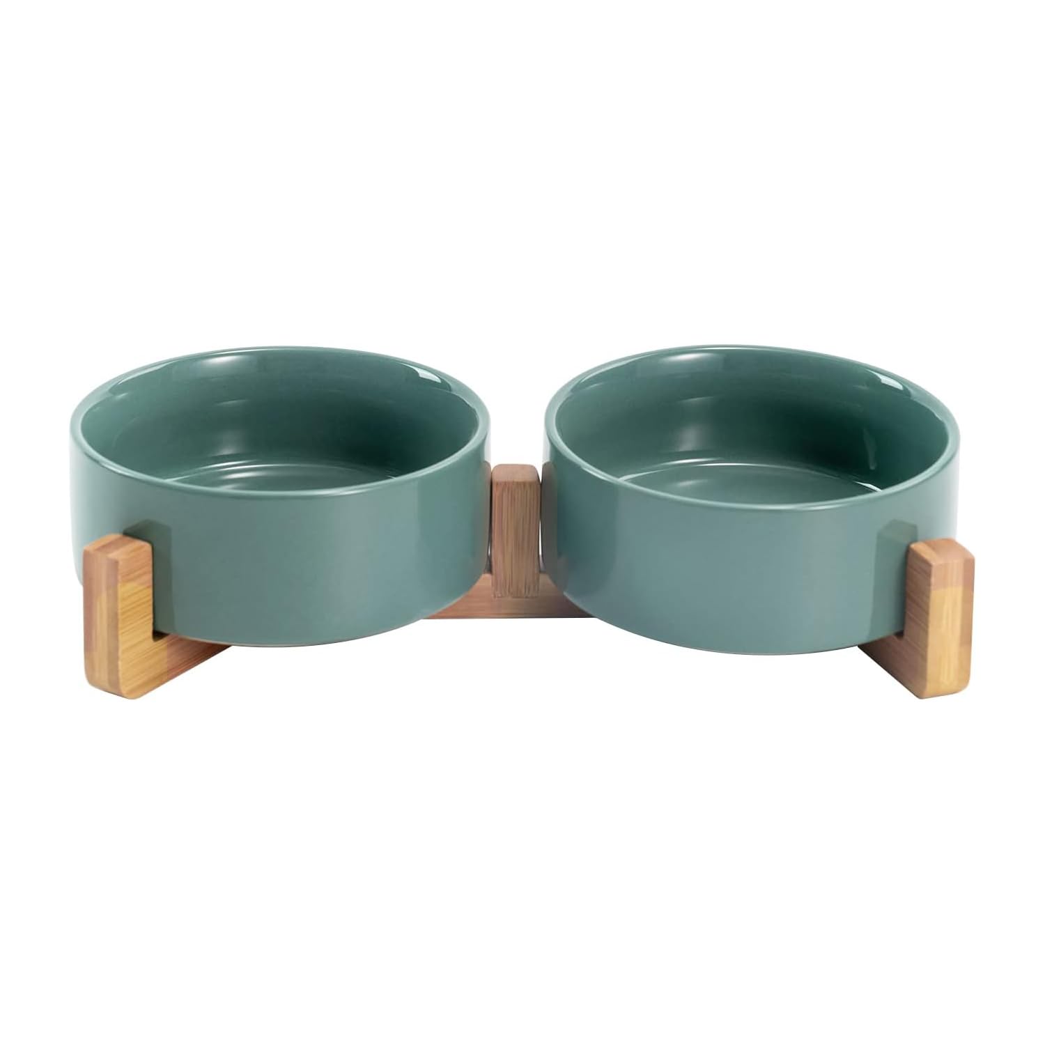 SPUNKYJUNKY Ceramic Dog and Cat Bowl Set with Wooden Stand, Modern Cute Weighted Food Water Set for Small Size Dogs (13.5OZ) & Medium Sized Dogs (28.7OZ) & Cats (1.7 Cups, 2 × Morandi Green)