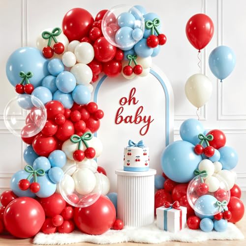 Image of Blocesa Cherry Red White and Blue Balloons Arch Kit, Cherry Party Decor.
