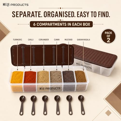 Image of Multipurpose 6-in-1 Masala Box for Kitchen, Airtight BPA-Free Plastic 6 Section Storage Container with 6 Spoons, 1800 ml Transparent Pickle Box for Spices, Dry Fruits,Snack (2)