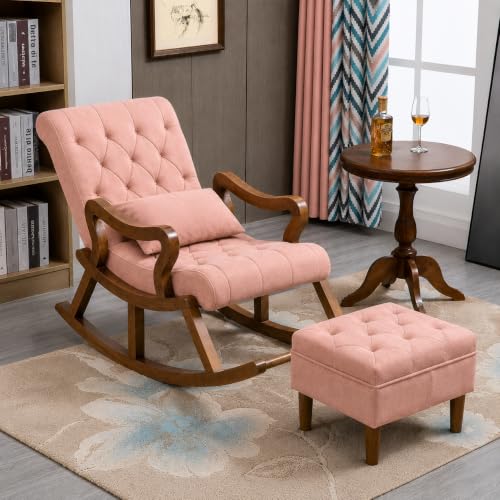 Image of Solid Sheesham Wood Rocking Chair with Ottoman | Velvet Upholstered Relaxing Chair for Living Room | Comfortable Single Seater Arm Chair with Footrest & Cushion | Pink| Pre-Assembled