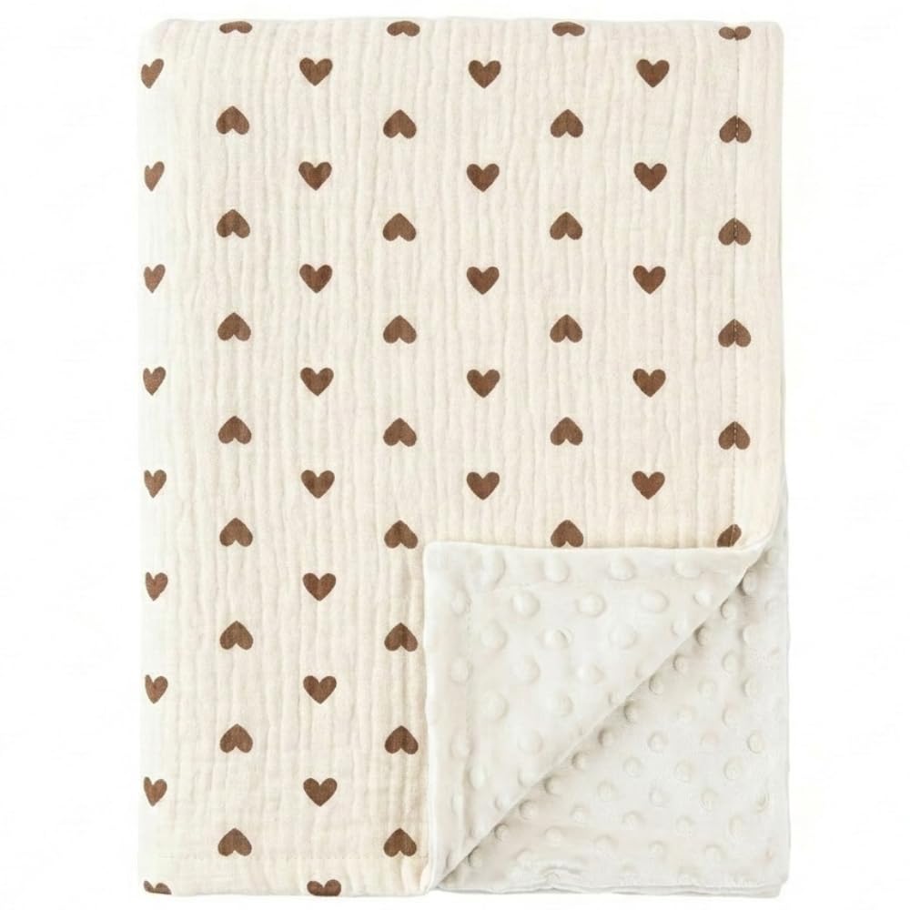 SNOWGAOGAO Baby Blanket for Newborn Boys Girls, Soft Breathable Muslin Cotton & Dotted Fleece Nursery Blankets, Receiving Blanket for Crib, Stroller & Moses Basket, 75x100cm (Heart)