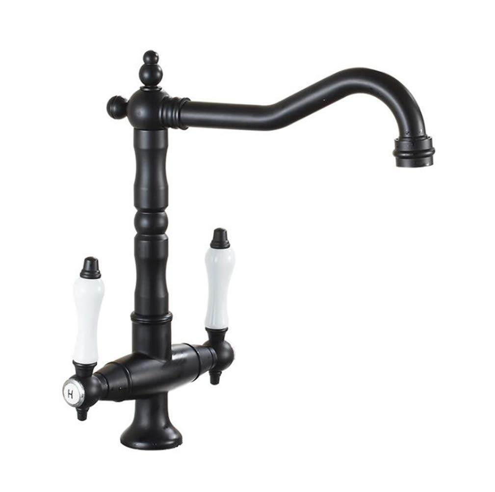 ZQFHSX Deck-Mounted Double Handle Hot & Cold Kitchen Faucet Antique Brass One Hole Sink Mixer with Aerator 360° Swivel Retro Style Black Finish