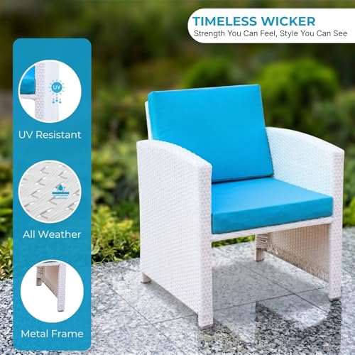 Image of DEVOKO Valencia Outdoor 5 Piece All Weather Rattan Wicker Patio Sofa Set with Water Resistant Cushioned Chairs with Glass Top Table & Ottomans for Garden, Pool, Porch, Backyard (White & Sky-Blue)