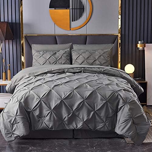 HAOK Bed in a Bag Set - 8 Pieces Pinch Pleat Bedding Comforter Sets, Pintuck Microfiber 500GSM Down Alternative Queen Comforter Set (Dark Grey, Queen)