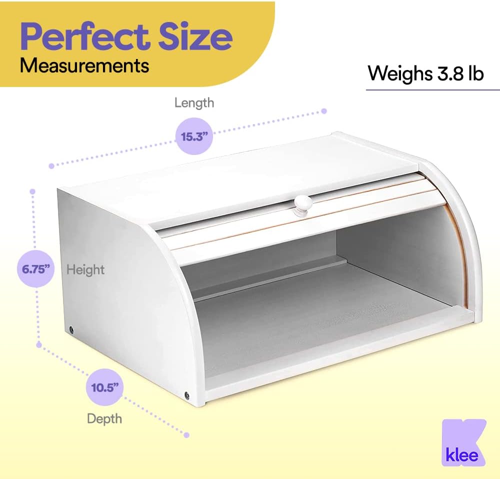 KLEE Natural Bamboo Bread Box in Brushed White Finish - Rustic Farmhouse Style, Large Roll Top Bread Box with up to 2 Loaf Breads Capacity (6.8" x 10.5" x 15.4") - Arrives Fully Assembled