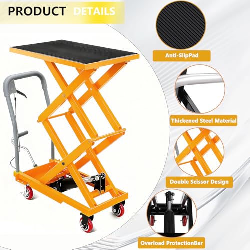 Image of GarveeTech Hydraulic Lift Table Cart, 330Lbs Load Capacity 50 Inch Lifting Height, Manual Double Scissor Lift Table with Non-Slip Pad and 4 Wheels,Hydraulic Scissor Cart (330lbs - Double - Yellow)