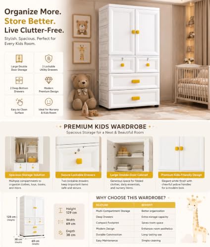 Image of Kids Plastic Collapsible Wardrobe Organizer for Storage with Drawers | Cute Cartoon Design | Heavy Duty Runner Rug Floor Mat Carpets Organizer Bedroom, Living Room (White, 2+4-Door)