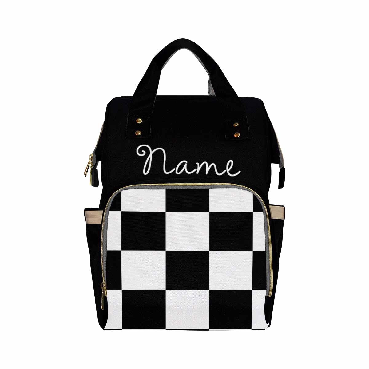 Personalized Diaper Bag with Name, Classic Black and White Checkered Pattern, Monogram Nappy Backpack with Thermal Pockets for Adults Kids, Large Capacity Waterproof Diaper Bag