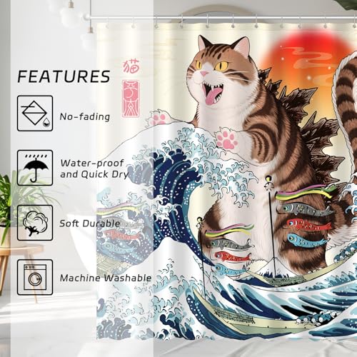 Image of Funny Chubby Cat Monster Shower Curtain Set, Japanese Anime Sunset Ocean Waves Home Bathroom Decor, Polyester Cloth Fabric Bath Curtain with 12 Hooks 72 inch W x 72 inch L