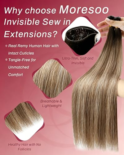 Image of Moresoo Genius Weft Hair Extensions Human Hair, Balayage Medium Blonde to Toffee Brown with Warm Beige Blonde 20inch 60g, Invisible Sew in Hair Extensions Real Remy Soft Straight for Volume Daily Wear
