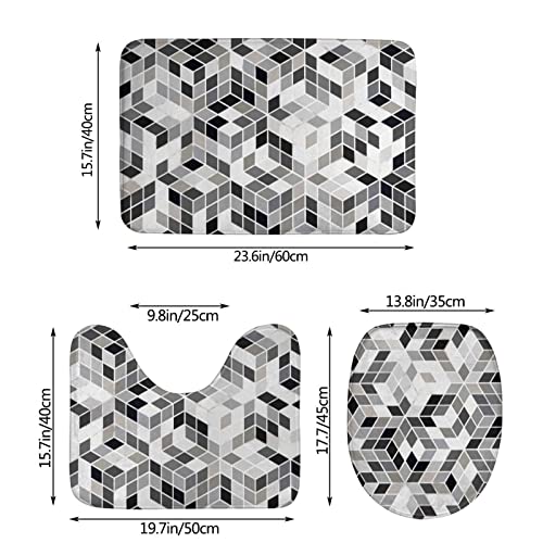 DIRYKILP Badematte + Konturmatte + Toilettendeckelbezug, abstraktes Kunstwürfelmuster 3 Stück Badematten Set, mit rutschfester Klebeunterseite – Bild 3