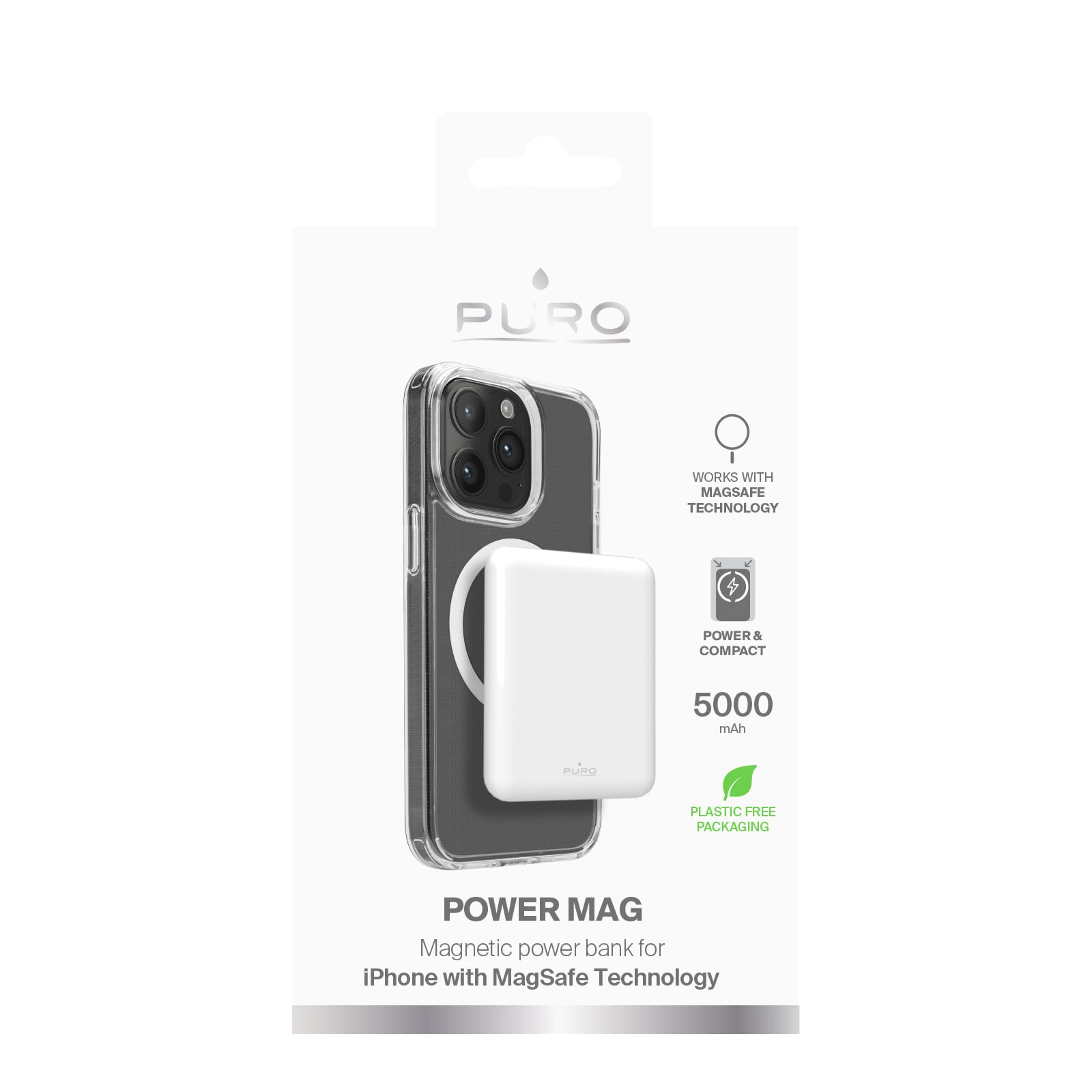 Puro Power Mag 5000mAh Power Bank - Compatibile MagSafe, USB-C, Ultra Sottile, Ricarica Rapida per iPhone, Include Cavo USB-A/USB-C, Bianco