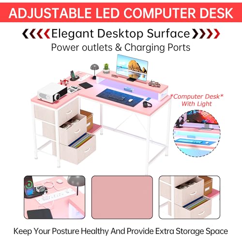 Image of Hetoy L-Shaped Gaming Desk with Power Outlets, Corner Desk with Drawers, Shelves & LED Lights, Computer Desk for Home & Office