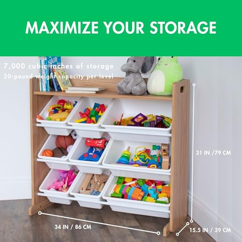 Humble Crew Toy Storage Organizer with Top Shelf and 9 Removable Bins, Natural/White – Toddler Bookshelf with Toy Organizer - Modern Toy Rack Ideal for Kids' Rooms, Playrooms, and Nurseries - Image 3
