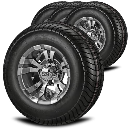 RM Cart 10" Warlock Gun Metal Gray/Machined on 205/65-10 LSI Elite Low Rise 4-Ply Tires (Set of 4) | Golf Cart Tires and Wheels Combo with Standard Lug Nuts