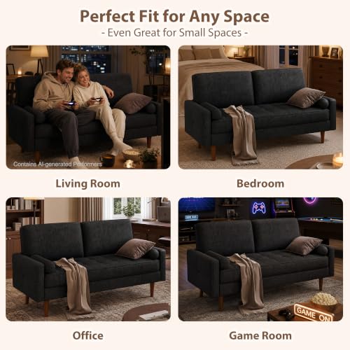 Image of HIFIT 57 inch Loveseat Sofa Couch, Mid Century Modern Faux Leather Couch, Black