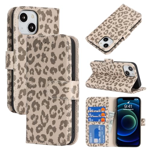 Image of for iPhone 13 Mini Case Wallet with Card Holder,for iPhone 13 Mini Wallet Case for Women Men,PU Leather Shockproof Magnetic Buckle Stand Flip Phone Case-Beige Leopard