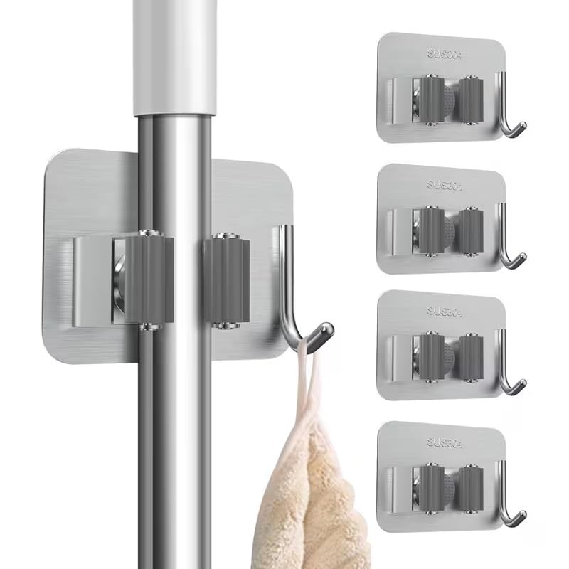Image of Kmils Self Adhesive Mop Holder Wall Mount, Stainless Steel Broom Holder with Hook, No Drill Wall Organizer for Mop, Broom, Bathroom, Kitchen & Laundry Room (Silver, Pack of 4)