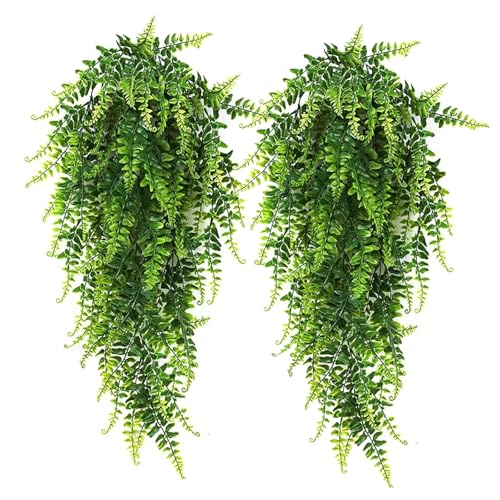 RECUTMS Hanging Artificial Plants 4Pcs UV Resistant Fake Boston Fern Realistic Faux Greenery Plastic Ivy Vines for Wall Home Room Garden Wedding Party Garland Outside Decoration(Green)