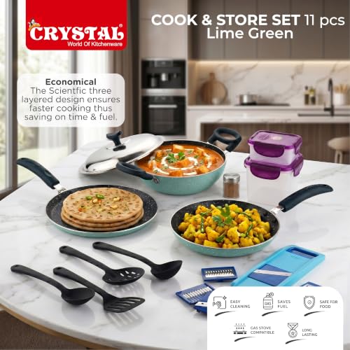 Image of Crystal 11 Pcs Non Stick Cookware Set with Storage Containers | Gas Stove Friendly | Tawa, Fry Pan, Kadhai with Lid, 4 Serving Spoons, 2 Containers & Grater Set | PFOA Free Coating