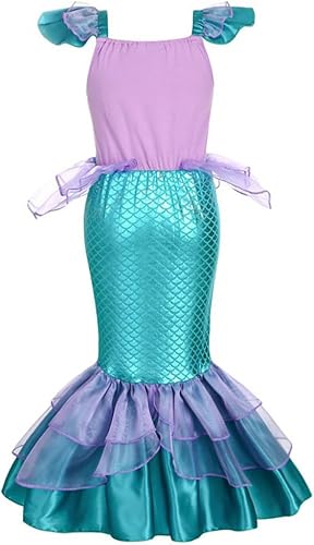 Vista 4 de Disfraz de princesa Sirenita para niñas, peluca de sirena, disfraz de princesa Ariel Cosplay para fiesta de cumpleaños, disfraz de Halloween