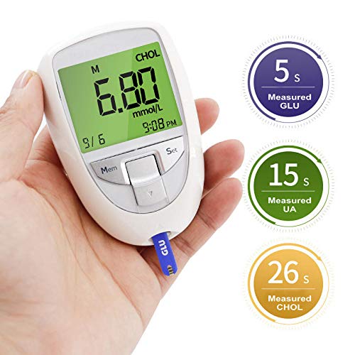 Multi-Monitoring Meter kit, 3 in 1 GLU CHOL UA Test System, Blood Glucose Monitor, Uric Acid Analyzer, Cholesterol Test Meter