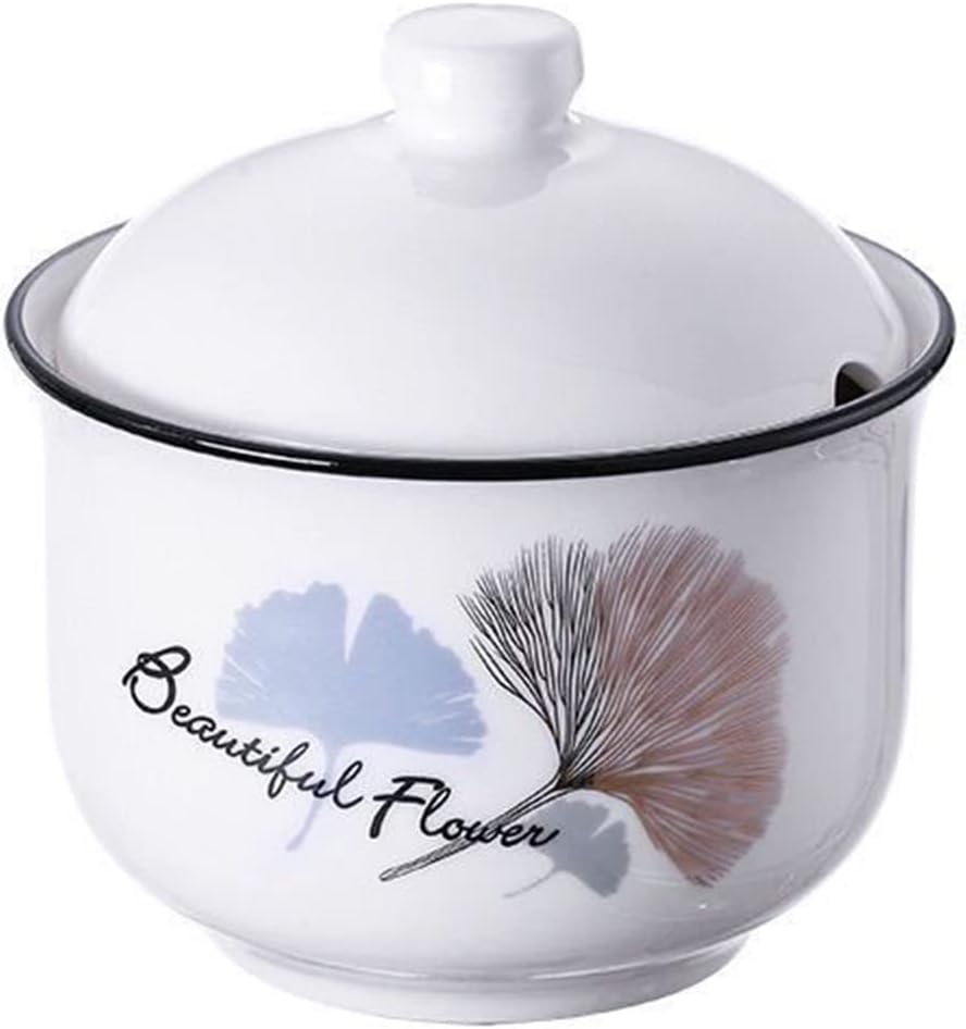 Leaf Pattern Porcelain Seasoning Jar with Lid & Spoon, Condiment Pot Sugar Bowl, Ceramic Condiment Jar Spice Container for Home Restaurant Kitchen, Vintage Hand-Painted Food Storage Jar