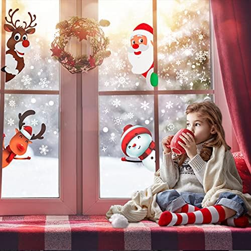 Christmas Window Stickers, 8 Sheets Santa Claus Reindeer Snowflake Xmas Window Stickers, Double Sides Christmas Stickers, Static PVC Reusable Christmas Window Clings for Xmas Window Decorations