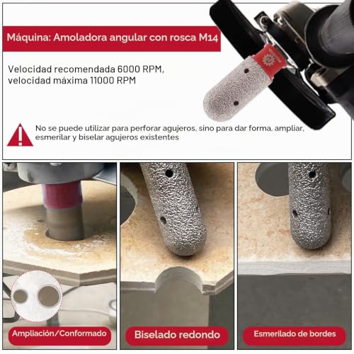 Miniatura 4 de Focstol Broca Fresado Diamante 25mm - Broca De Dedo Diamante Para Agrandar Esmerilado Y Dar Forma Orificios Existentes En Azulejos Porcelana Cerámica Mármol Granito De Piedra M14 Rosca