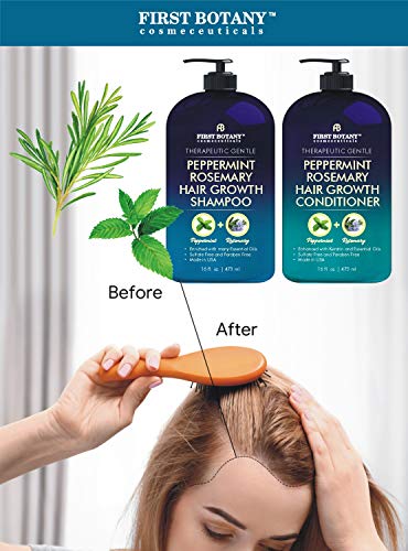 First Botany, Peppermint Rosemary Hair Regrowth and Anti Hair Loss Shampoo and Conditioner Set - Daily Hydrating, Detoxifying, Volumizing Shampoo and Fights Dandruff For Men and Women 16 fl oz x 2