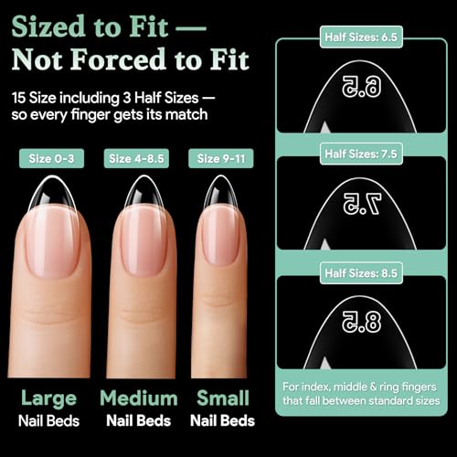 Image of Leykosh Medium Almond Nail Tips 540 Pcs Clear Half Matte 15 Sizes | 540 pcs medium almond clear tips with 70-grit pre-shaped half matte surface for salon extensions and DIY.