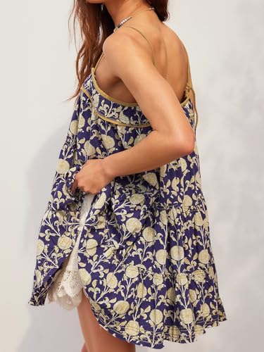 Image of Women Boho Mini Dress Adjustable Spaghetti Strap Sundress Floral Short Flowy Casual Summer Loose Babydoll Dresses