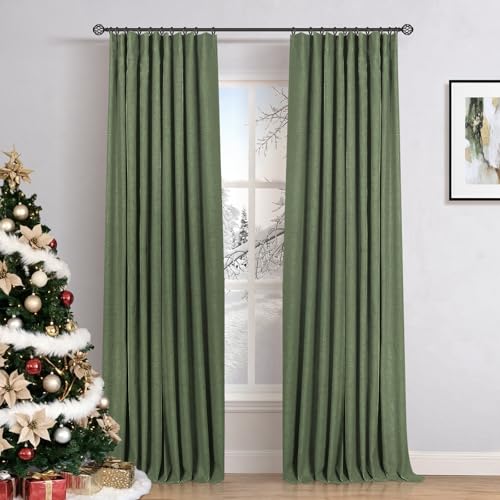 INOVADAY 100% Blackout Curtains for Bedroom, Black Out Curtains 96 Inch Long, Clip Rings Linen Blackout Drapes, Thermal Insulated Room Darkening for Living Room, 2 Panels - Moss Green,W50xL96