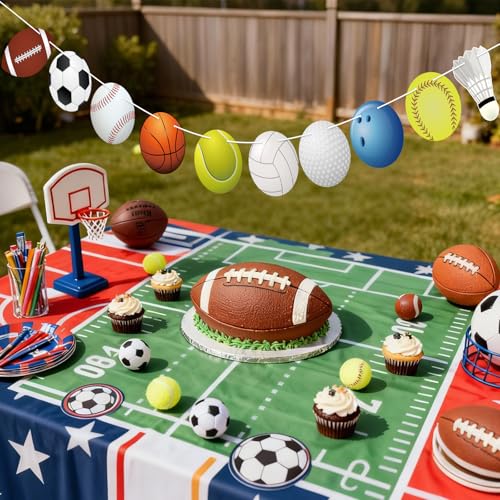 Image of Hooqict Sports Themed Party Decorations Happy Birthday Banner Baseball Football Basketball Golf Soccer Volleyball Softball Party Banner Garland Sign for Sports Birthday Party Decorations Supplies