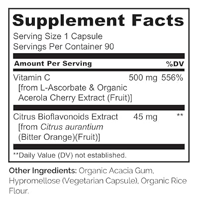 NATURELO Vitamin C with Organic Acerola Cherry Extract and Citrus Bioflavonoids - Vegan Supplement - Immune Support - 500 mg VIT C per Cap - Non-GMO - 90 Capsules