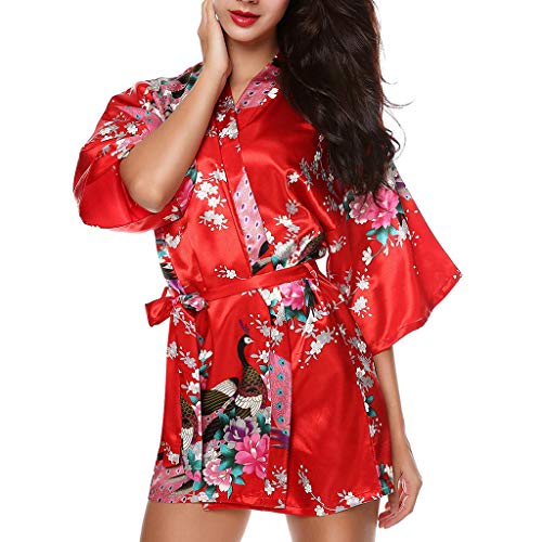 BOLUOBAO Robe De Chambre Femme Kimono Courte Satin Imprimé Peignoir Femme à Fermeture Japonais Fleuri Douche Vêtements De Nuit (M, Rouge) Cover