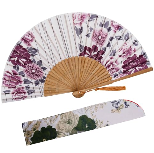 STHUAHE Folding Hand Held Fan for Women, Foldable Chinese Japanese Vintage Bamboo Silk Fan for Dance Music Festival Wedding Church Decoration (Purple-Flowers)