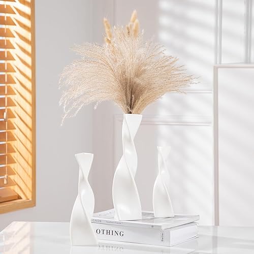 Miniatura 3 de Juego de 3 jarrones de cerámica blanca para decoración moderna del hogar, adecuado para hierba de las pampas, jarrón neutro bohemio nórdico de