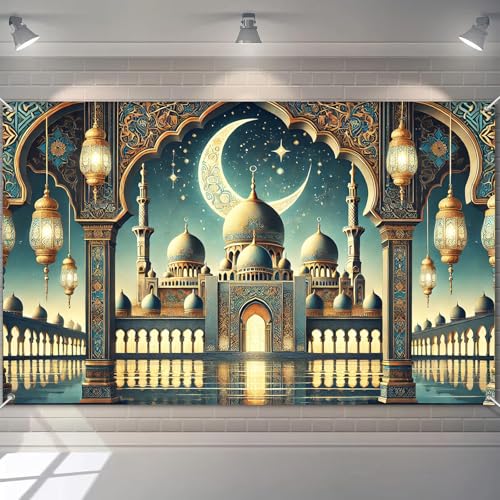 BlissYard Ramadan Decoration Banner Crescent Moon Mosque Lanterns Backdrop Islamic Wall Decor Polyester Eid Mubarak Hanging Sign with Hooks Rope for Muslim Festival Celebration
