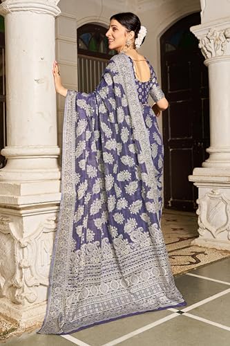 Image of MADHUHANSH Women's Cotton Linen Saree with Unstitched Blouse Piece and Floral Printed Pattern | Women Saree for Special Occasion | Stylish Modern Sarees