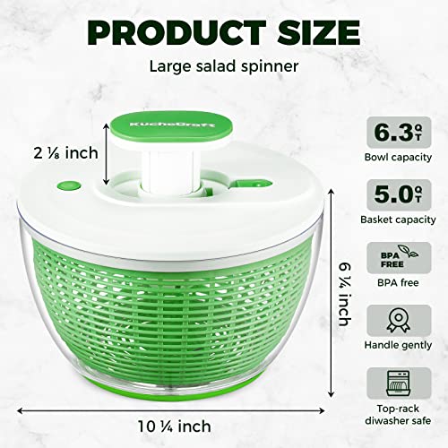 Kuchecraft Salad Spinner Large 6.3 Qt, Manual Lettuce Spinner For Vegetable Prepping, One-Handed Pump Fruit Spinner Dryer With Bowl And Colander, Dishwasher Safe Veggie Fruit Washer Spinner-Green #TOP7
