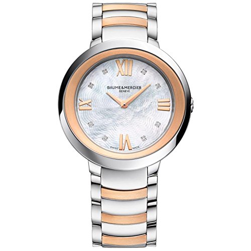 Baume & Mercier Promesse Womens Real Diamond Watch with Sapphire Crystal - 34mm Analog Mother of Pearl Big Face Swiss Quartz Stainless Steel Dress Watch For Women 10252