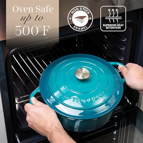 Image of Nuovva Enamelled Cast Iron Dutch Oven Pot with Lid-6.4 Quart Non Stick Casserole Pot-Heavy Duty & Oven Safe up to 500 F for Bread Baking, Braising, Stews, Roasting - 28cm Teal