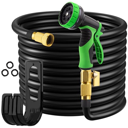 OUBRTS 100FT Garden Hose with 10 Functions Spray Nozzle, Black Lightweight Water Hose, 3/4'' Heavy Duty Brass Fittings, Rust Proof, Kink-Free Water Pipe for Yard, Car, Pets