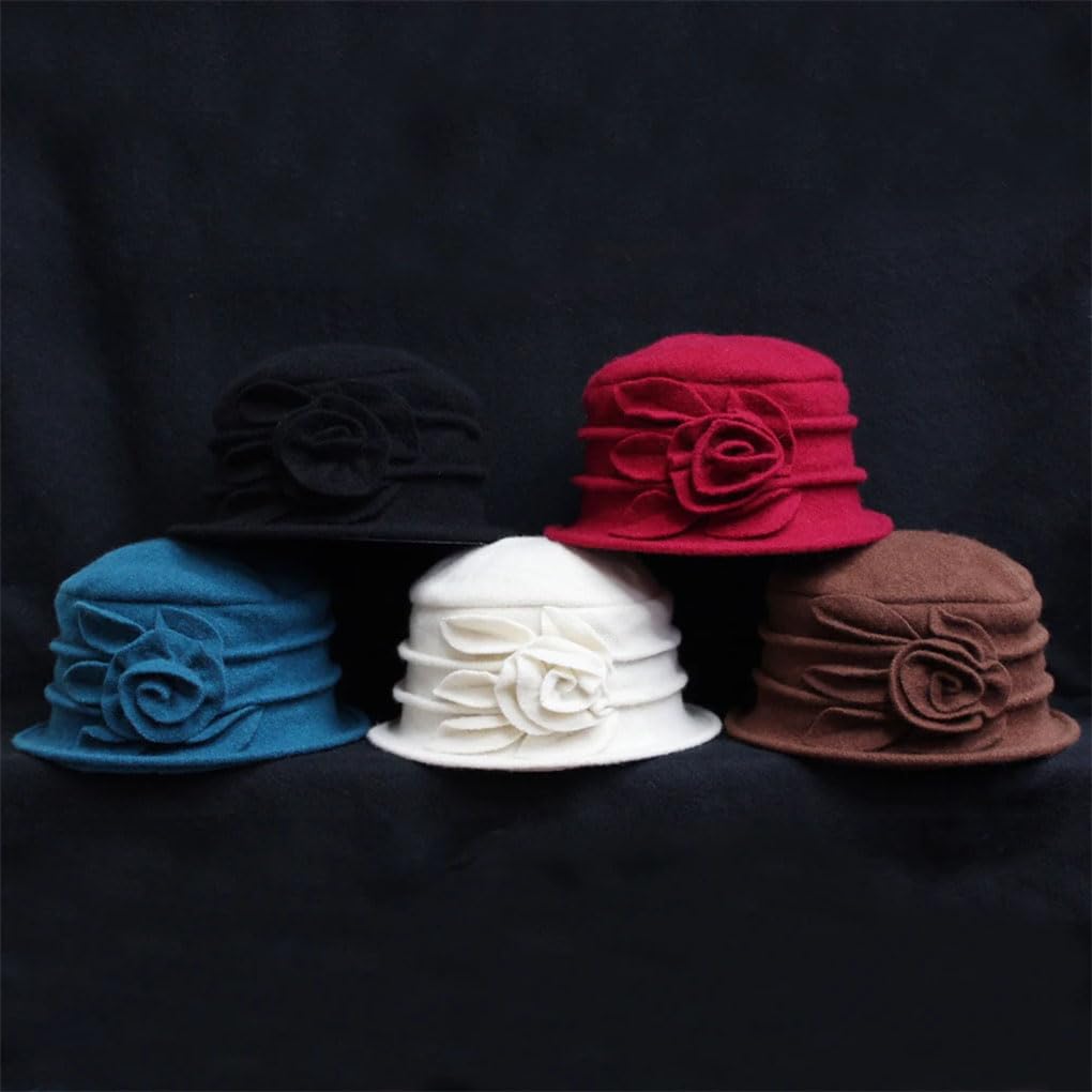SaoBiiu Cappello da donna vintage in lana a cloche da chiesa, cappello a secchiello, cappello invernale con fiore