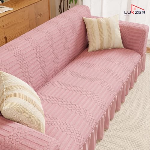 Image of Lukzer 2 Seater Jacquard Sofa Cover with 360 Frill Skirt - Pastel Pink Dotted Stripe | 240 GSM Stretchable Anti-Slip Fully Covered Universal Couch Cover for Living Room (140-180CM /SC-068-02F)