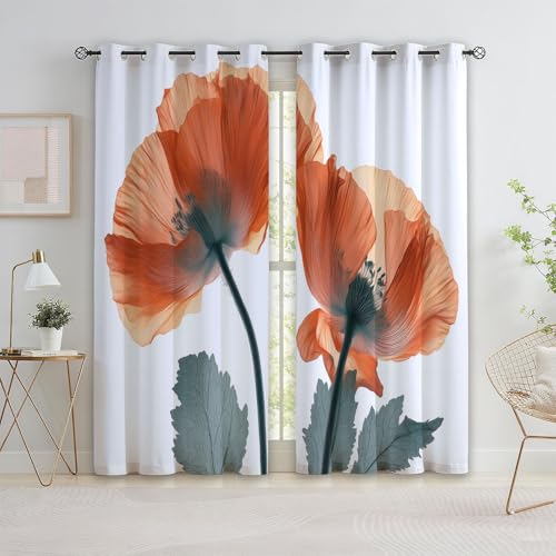 Rideau Occultants Élégant Minimaliste Floral Coquelicot, Rideaux Thermiques à Œillets Blanc - Draperies Imprimées pour Salon Chambre d'Enfant Fenêtre...