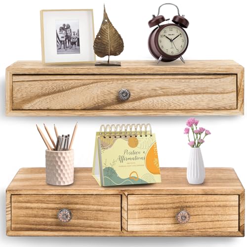 Yesland 2 Packs Floating Nightstand with Drawer - Rustic Wood Floating Wall Mounted Drawers Floating Shelf with Drawer for Living Room, Bedroom, Storage, Display - Yellowish Brown