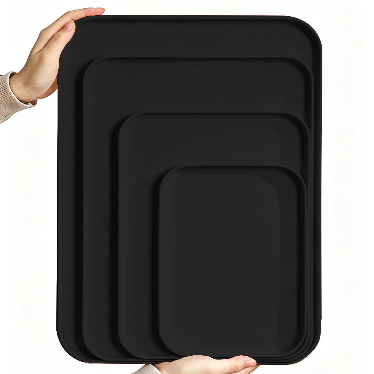 Rectangular Plastic Serving Trays,4 Packs Premium PP Food-Safe Platters Stackable Reusable Serving Trays for Kitchen Drinks Snacks Fruit Coffee Parties (Black,L-30.5 * 22CM)
